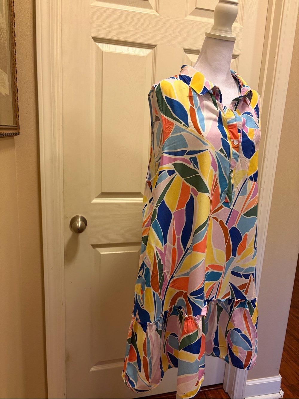 Time and Tru Multi-Color Sleeveless Button-Front Ruffle Hem Mini Dress
